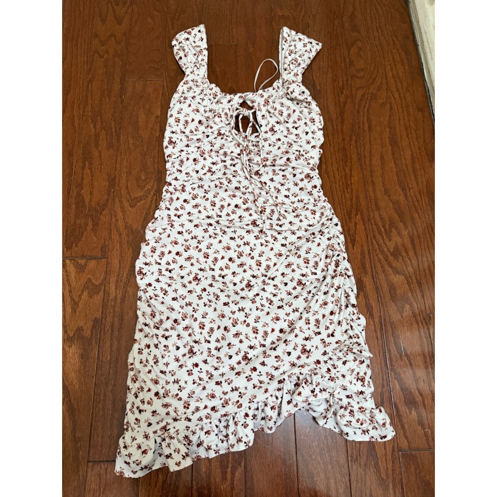 Floral Ruched Mini Dress White Brown Lace Up Front Ruffle Hem Cutout Back